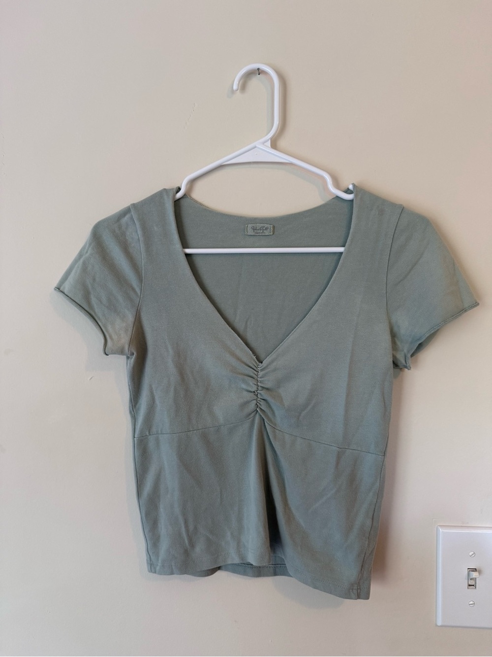 Brandy Melville Sage Green Ruched V-Neck Crop Top